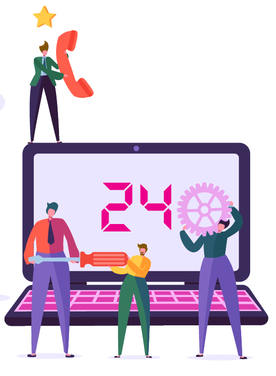 Illustration of business professionals around a laptop showing '24', representing 24/7 customer support, with tools