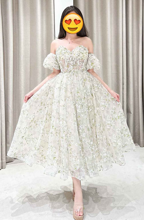 Baby's Breath Embroidery Midi Dress Ivory Green | Dressaville Baby's Breath Embroidery Midi Dress Ivory Green | Dressaville