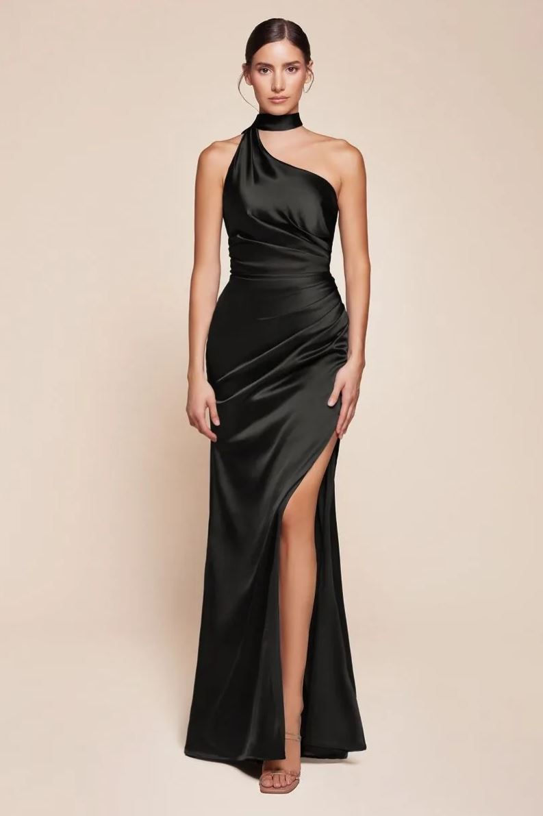 CD Chic One Shoulder Halter Satin Gown Black