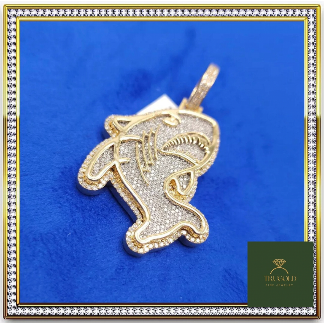 1.9CTW 10KT Solid Gold & Diamond Shark Pendant