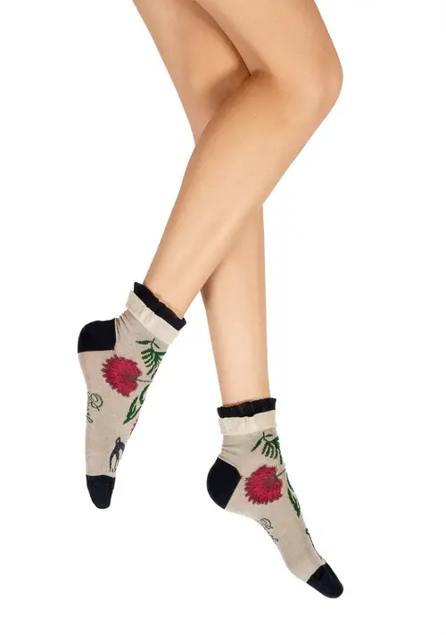 Berthe Aux Grands Pieds - Socquettes fil d'Ecosse Fleurs et Feuilles blanc cassé