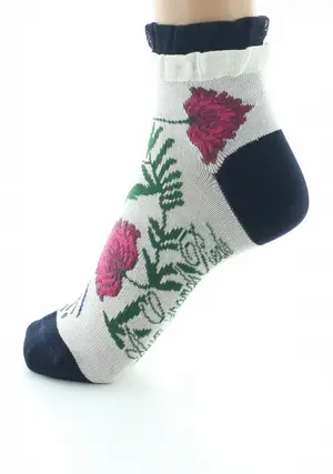 Miniature : Berthe Aux Grands Pieds - Socquettes fil d'Ecosse Fleurs et Feuilles blanc cassé