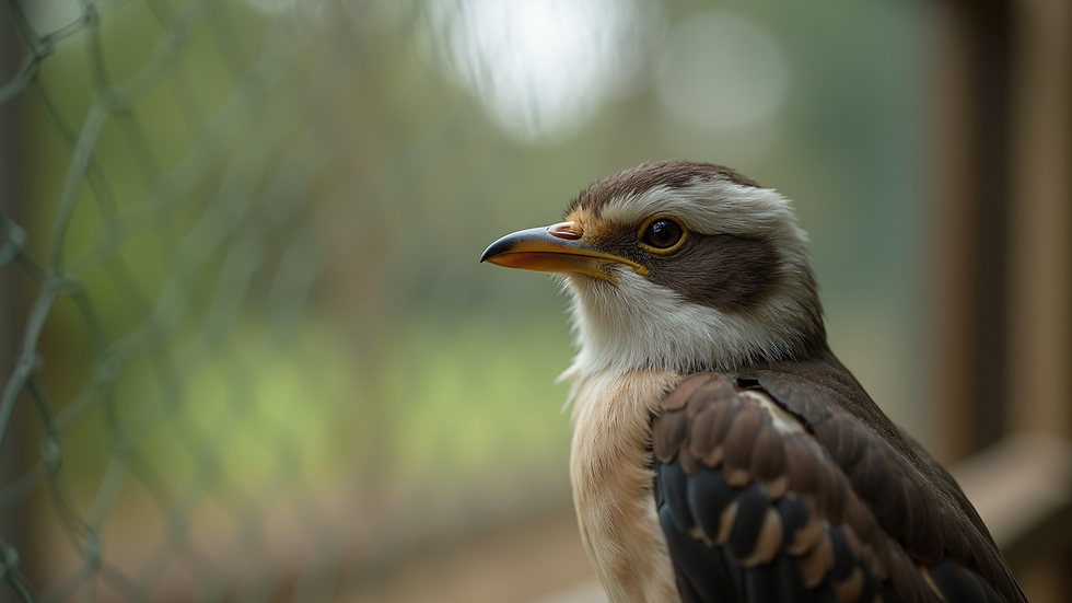 Close-up view of a rehabilitated native bird in a wildlife sanctuary enclosure