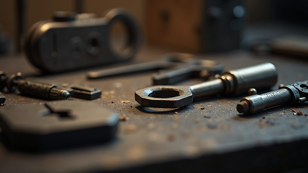 Close-up view of a locksmith's tools on a workbench