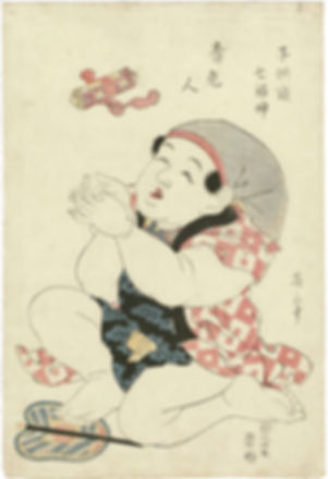A child throws his toy in the air in this woodblock print by Utamaro