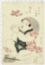 A child throws his toy in the air in this woodblock print by Utamaro