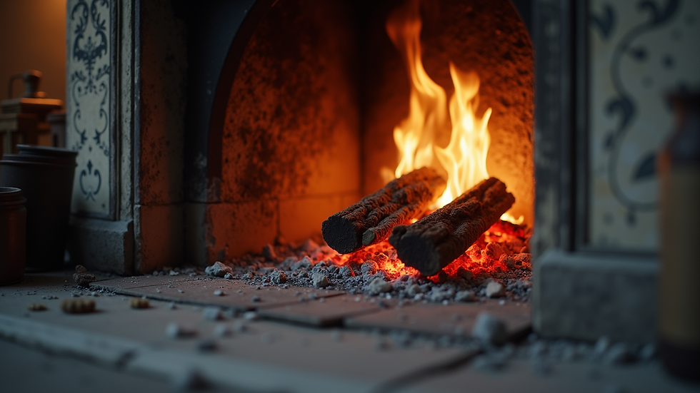 Eye-level view of a fireplace with visible soot and debris
