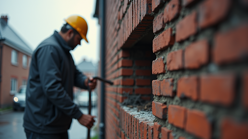 Eye-level view of chimney sweep cleaning a brick chimney