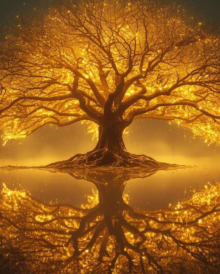 „A glowing golden tree with illuminated branches and roots, standing on calm water at nigh
