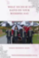Grooms party with striped umbrellas pose in front of a vintage fire engine in the rain