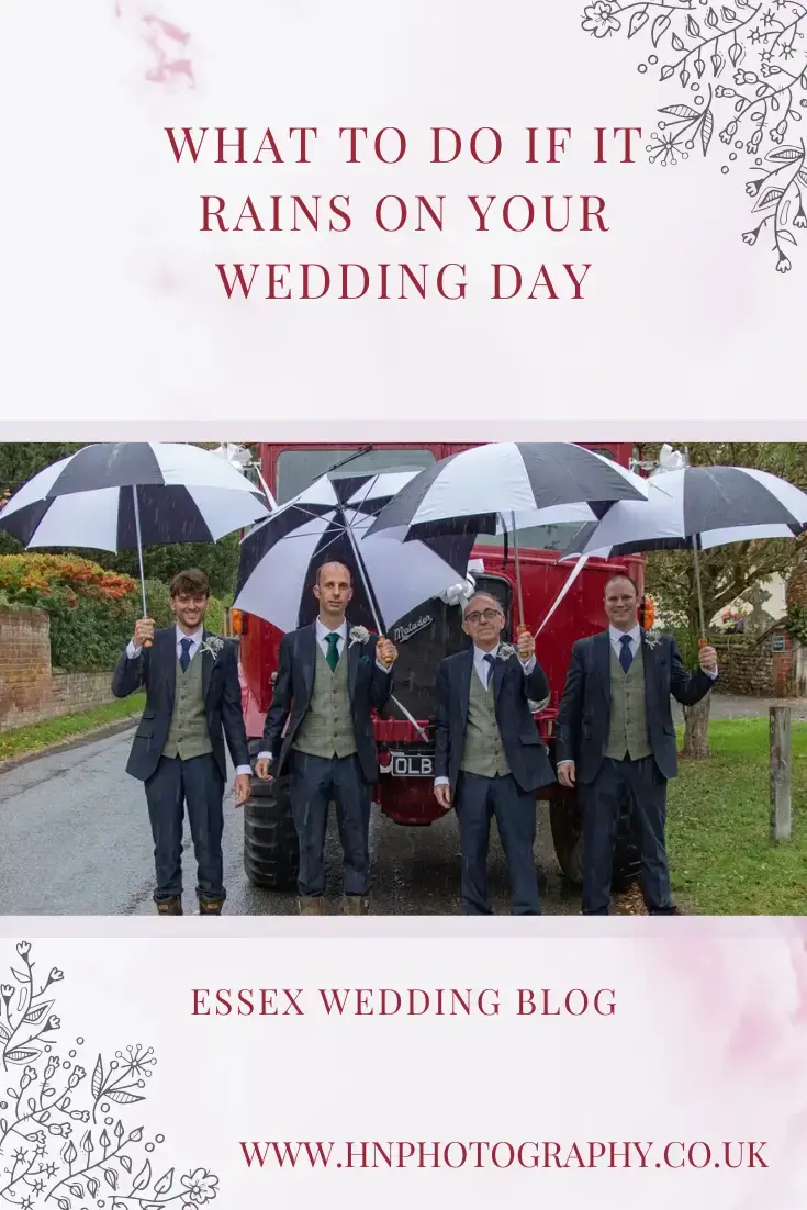 Grooms party with striped umbrellas pose in front of a vintage fire engine in the rain