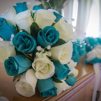 Blue and whote ribbon flower bridal bouquet