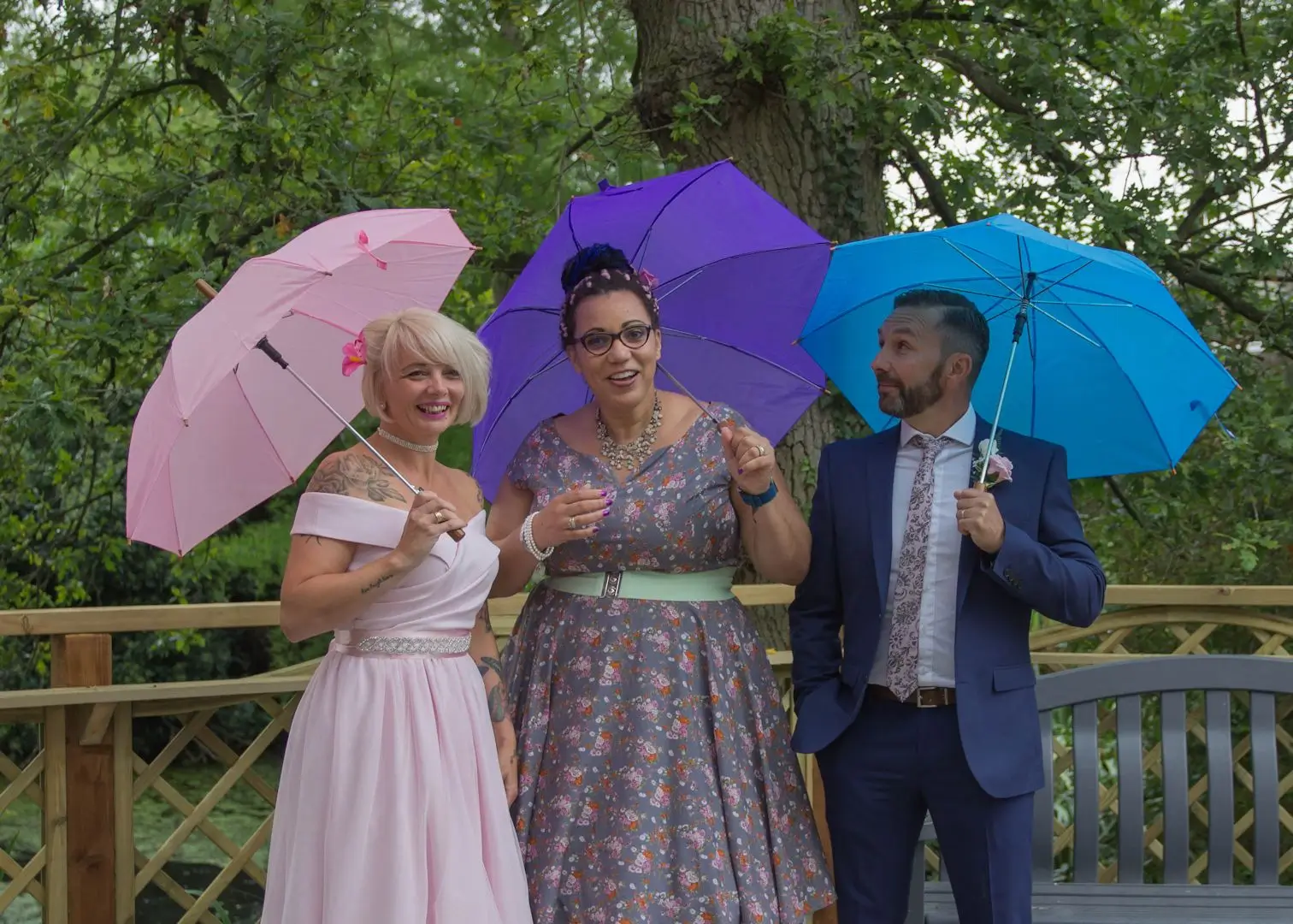 Colour  co-ordinated wedding umbrellas at Ivy Hill Hotel, Margaretting