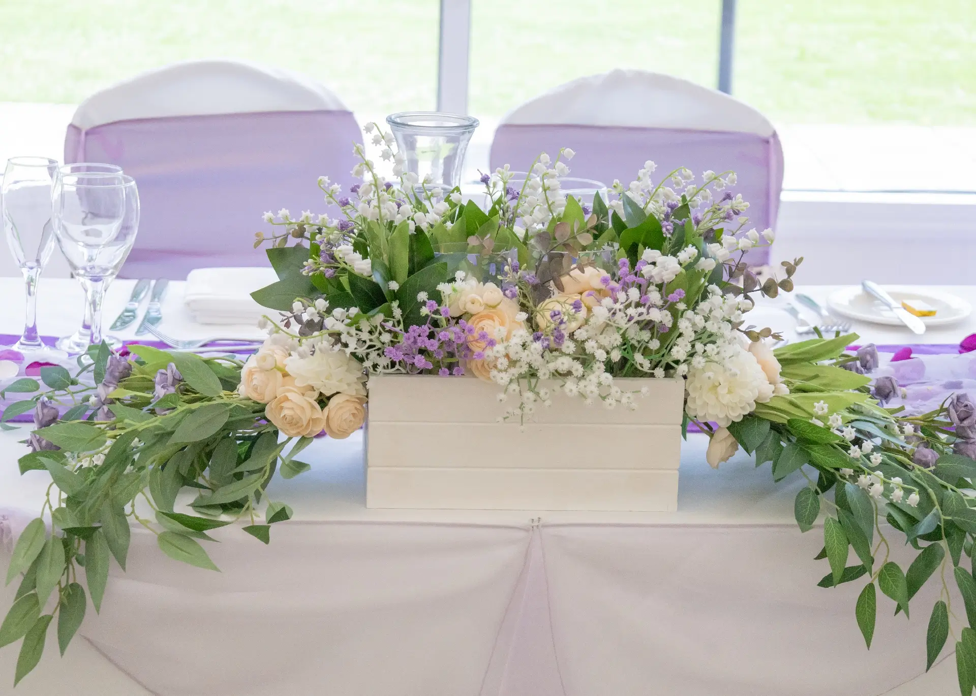 Wedding reception floral decorations at The Fennes