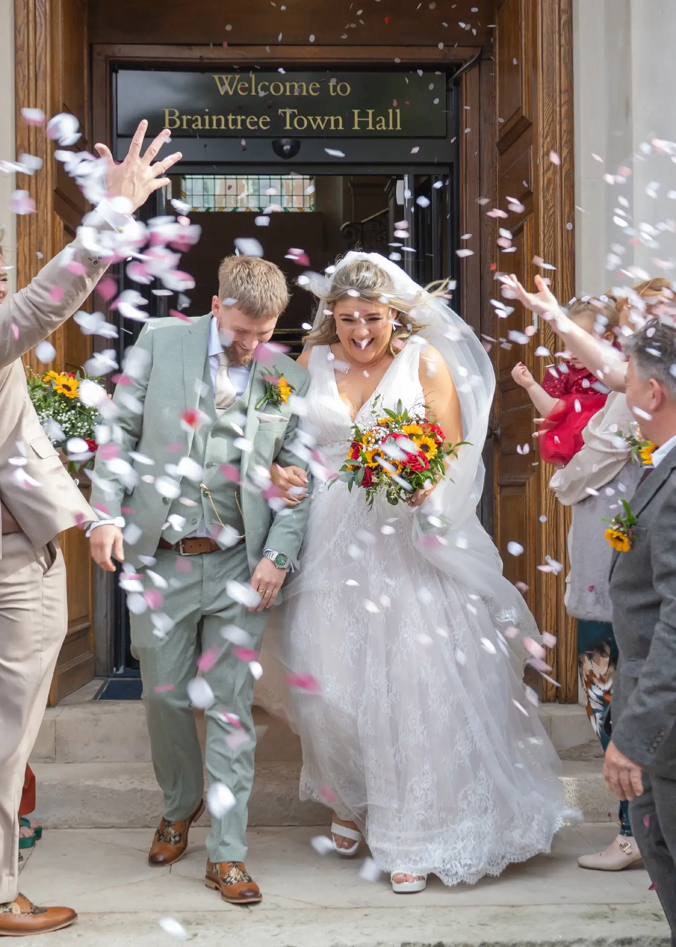 Pink and white wedding confetti at Braintree Town Hall