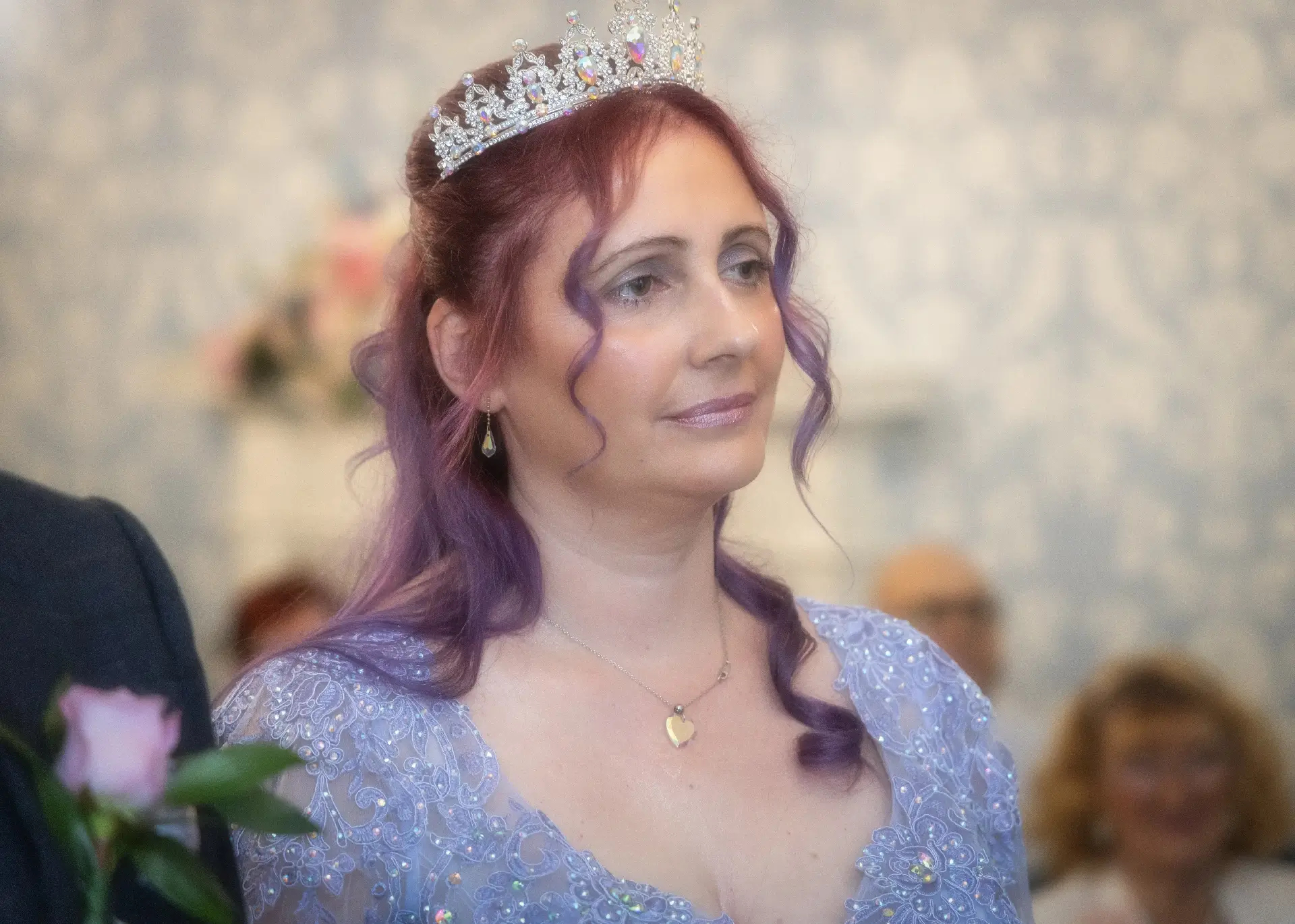 Bride in lilac wedding dress with tiara at Langtons House