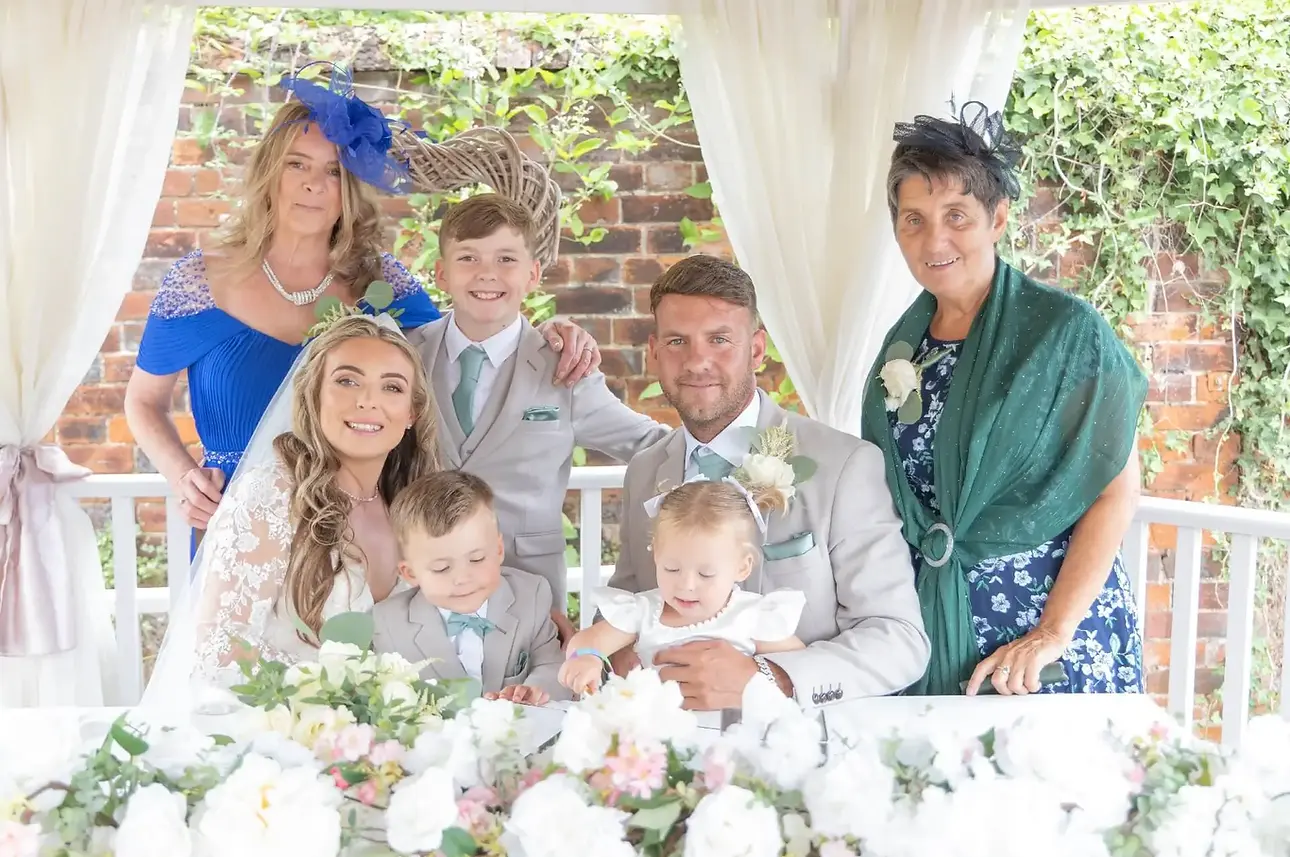 Family wedding photo at Neland Hall