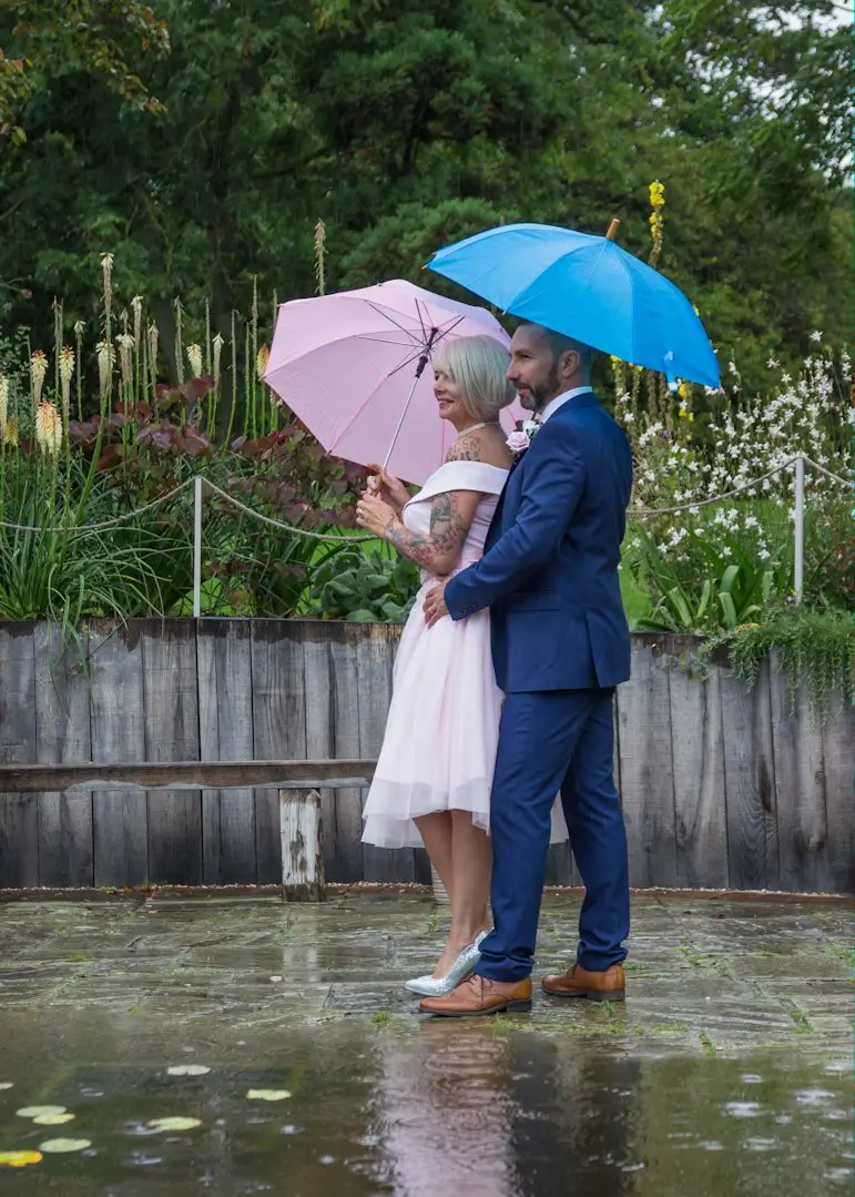 Bride and groom with colour co-ordinated umbrellas at Ivy Hill Hotel, Margaretting