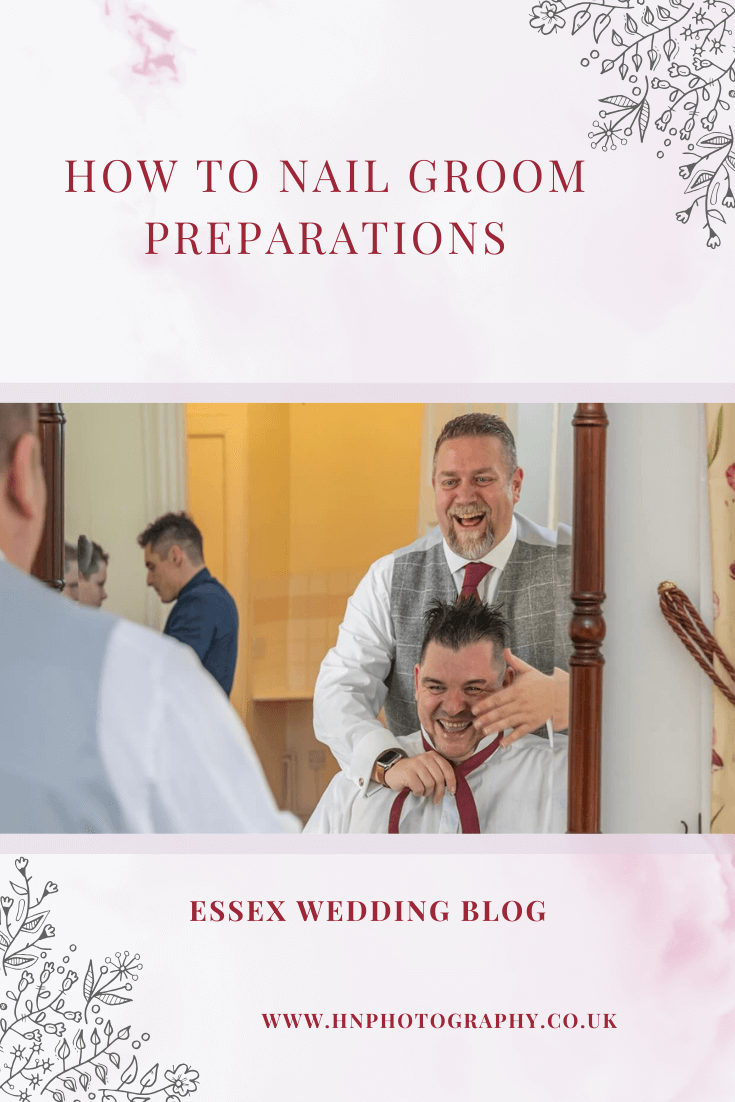 Groom and best man having a laugh together during preps at Gosfield Hall