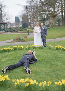Essex wedding photographer lying down for a picture of the bride and groom with daffodils from a different angle