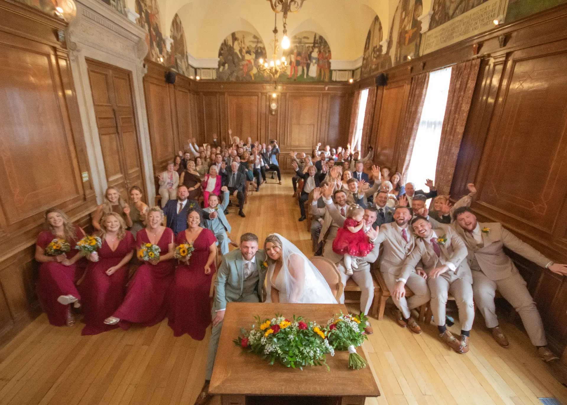 Wedding group photo at Braintree Town Hall
