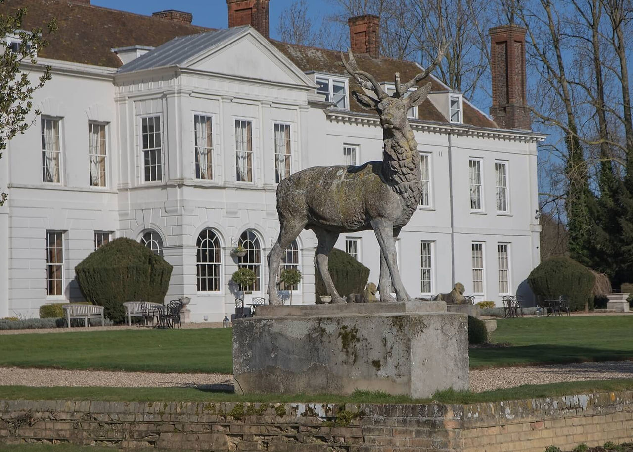 One of the iconic stag statues in the grounds of Gosfield Hall in the sunshine
