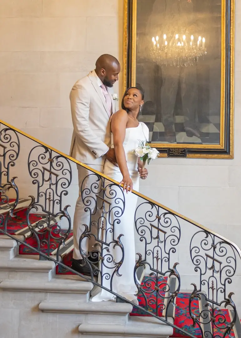 Wedding portrait on the staircase at Braintree Town Hall