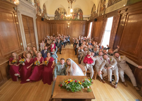 Fun wedding group photo at Braintree Town Hall