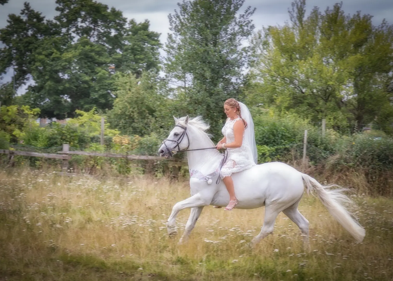 Bride rides her horse after her wedding ceremony