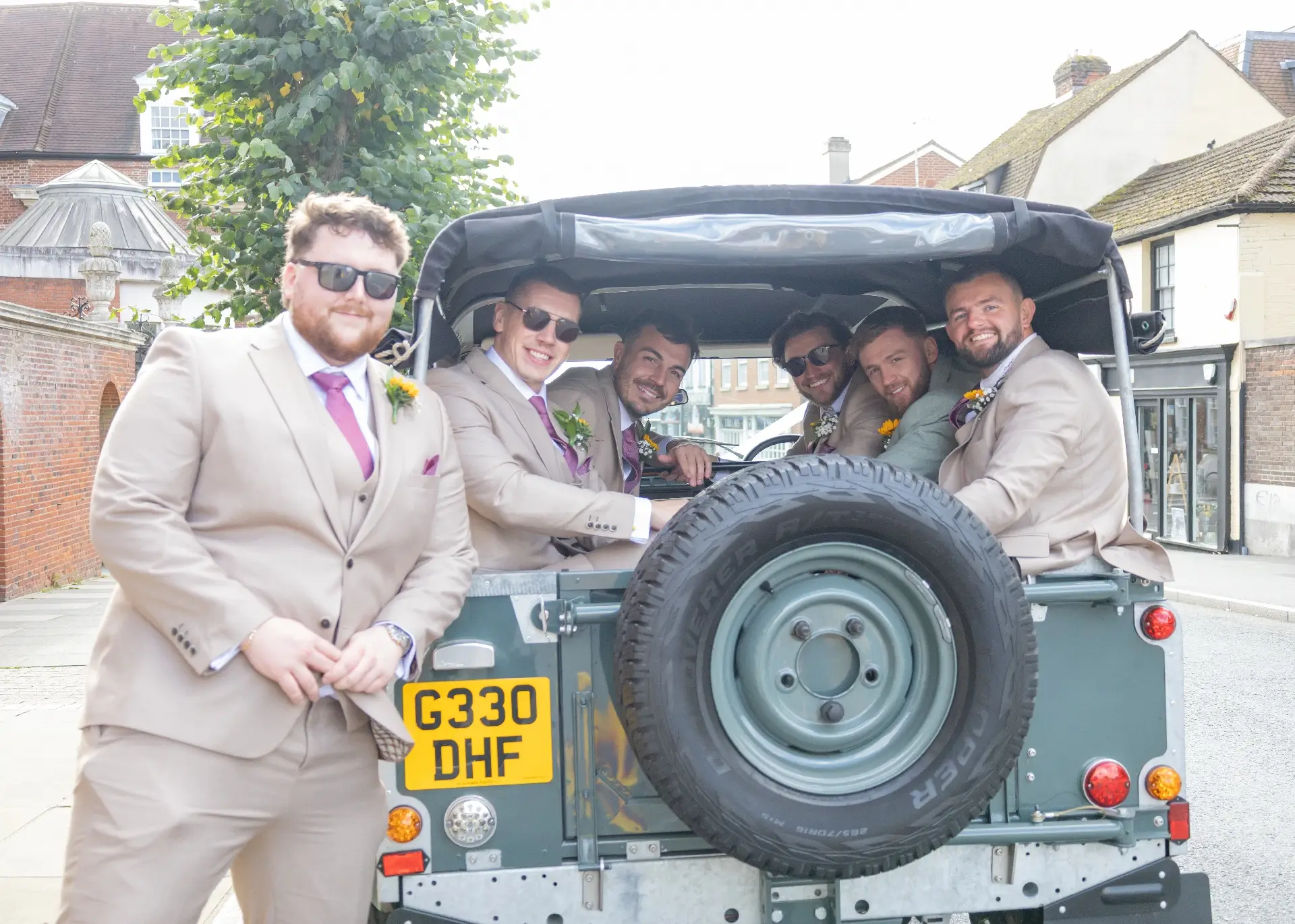 Grooms party arrive for the wedding at Braintree Town Hall