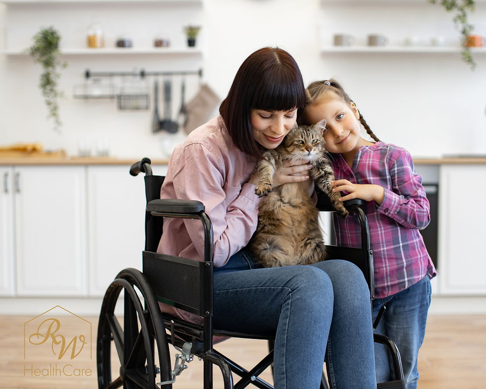 Woman in wheelchair holding a cat, young girl beside her smiling. Kitchen setting, warm atmosphere. "RW HealthCare" logo visible.