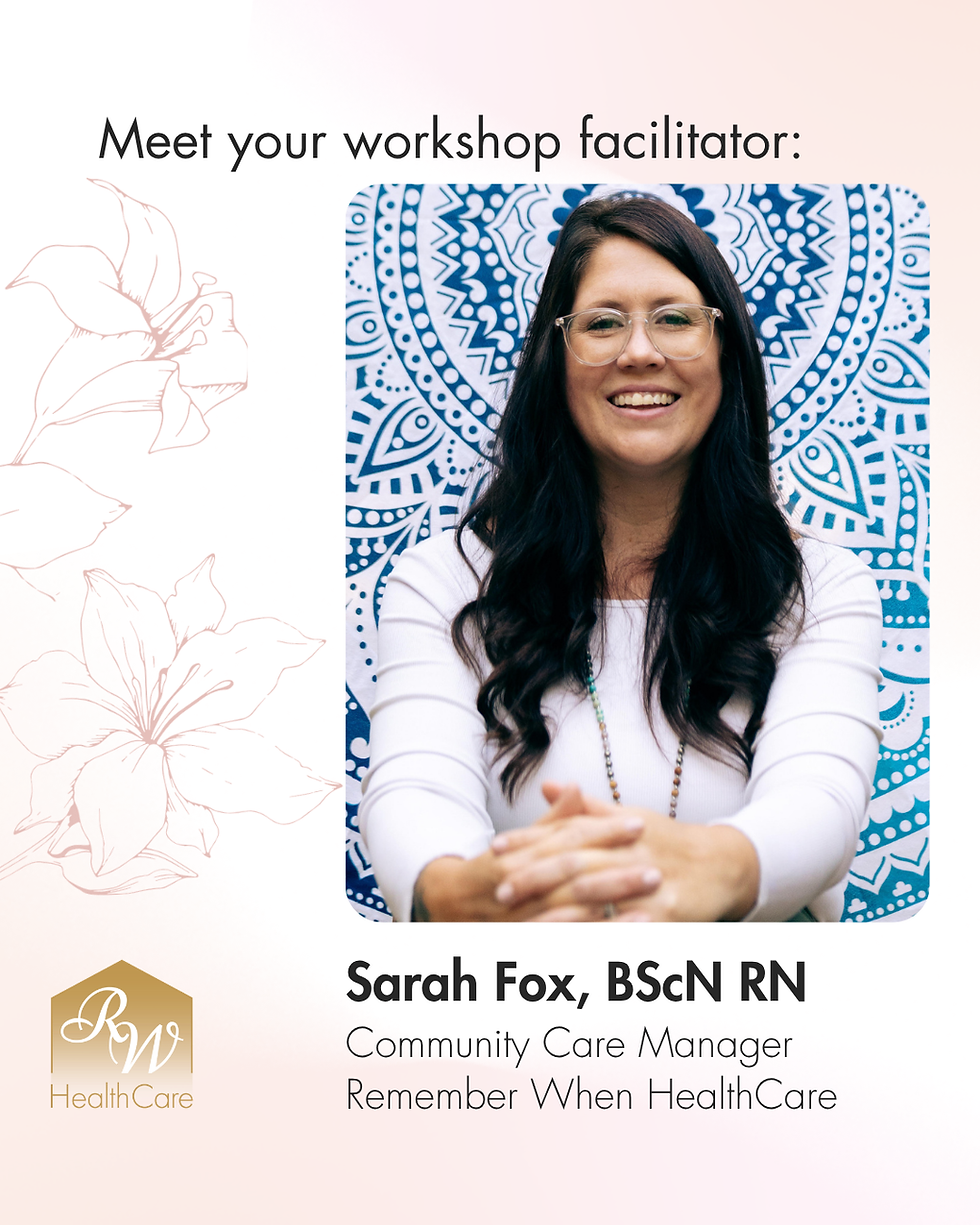 Poster of smiling Sarah Fox, workshop facilitator, in glasses before a blue patterned backdrop; text says Remember When HealthCare.
