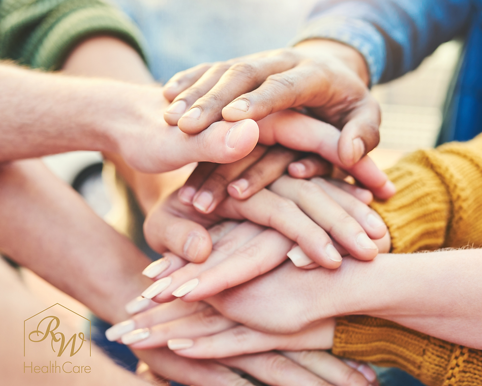 Hands of diverse people stacked together in a unity gesture. Soft lighting, warm tones, with text "RW HealthCare" in the corner.