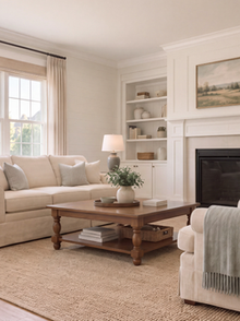 transitional living room with fireplace and cozy furniture