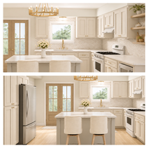 Modern organic kitchen with cream cabinets and wood floor