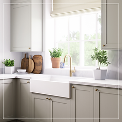 netural kitchen design wih taupe cabints, white quartz and a farmhouse sink.