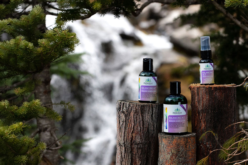 Thumbnail: 3 sizes of balancing act facial oil on wood logs with waterfall in background