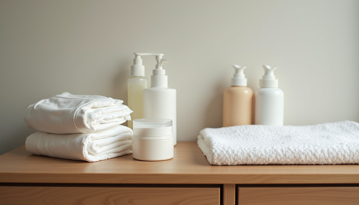 Eye-level view of a neatly arranged baby care station with diapers, wipes, and creams