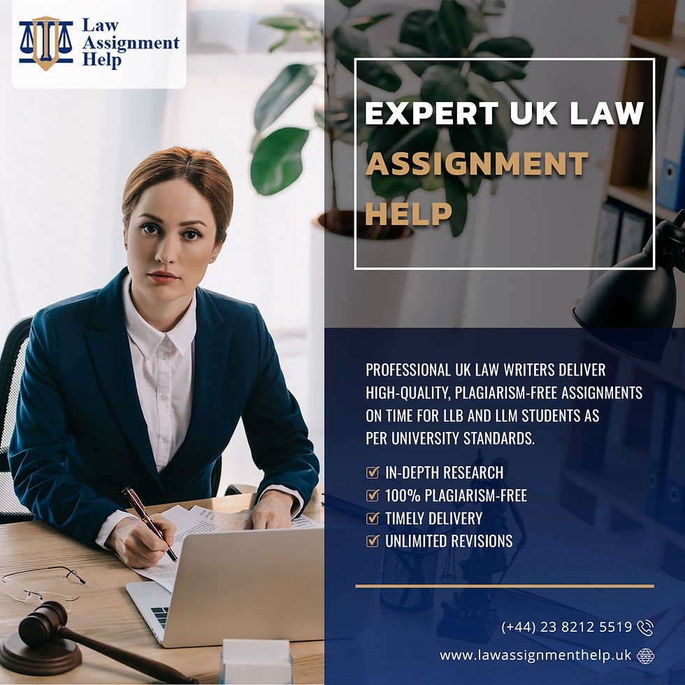 Promotional banner for Law Assignment Help advertising expert UK law assignment writing services. A professional woman in a navy blazer sits at a desk with a laptop, papers, pen, glasses, and a gavel. Text reads: 'Expert UK Law Assignment Help' with bullet points listing in-depth research, 100% plagiarism-free work, timely delivery, and unlimited revisions for LLB and LLM students. Contact details show phone number (+44) 23 8212 5519 and website www.lawassignmenthelp.uk, alongside the Law Assignment Help logo