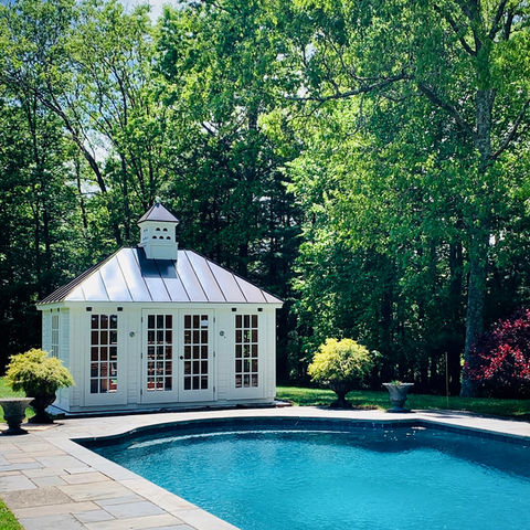Custom-designed, beautiful pool house, delivered fully built, enhancing backyard leisure and entertainment spaces