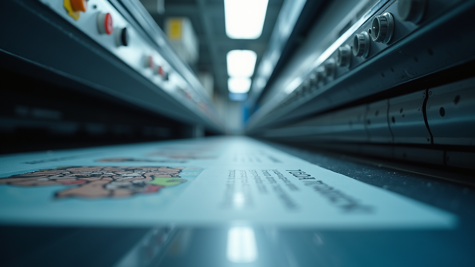 Eye-level view of a modern printing press in action
