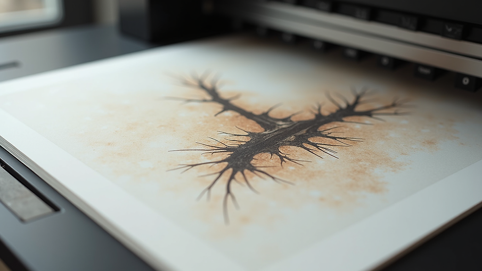 High angle view of a giclée print drying on a flat surface