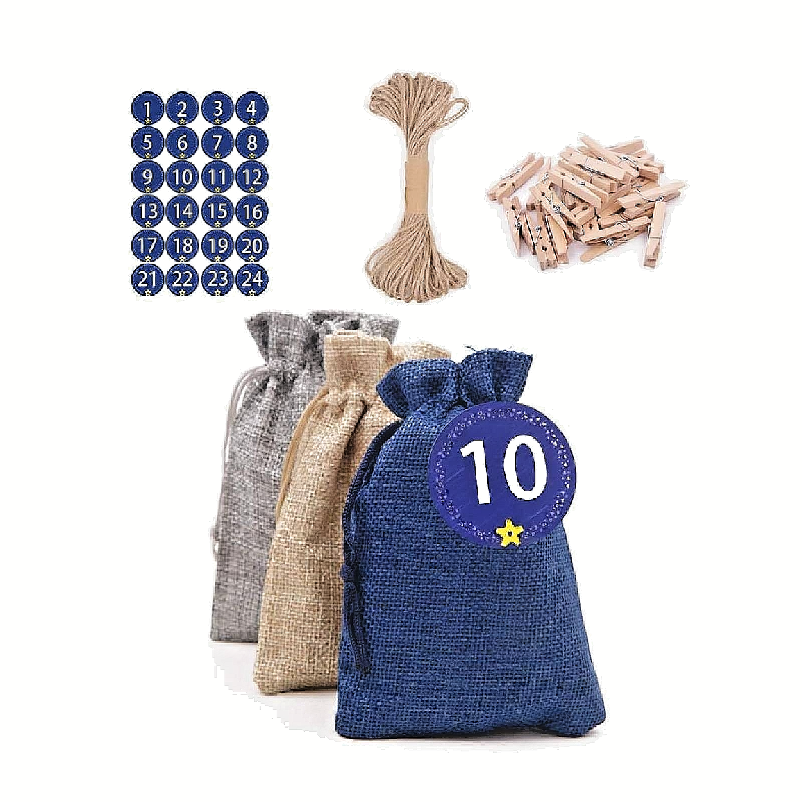 DIY 24 Days Christmas Advent Calendar Hanging Burlap Bags with Pegs and Rope