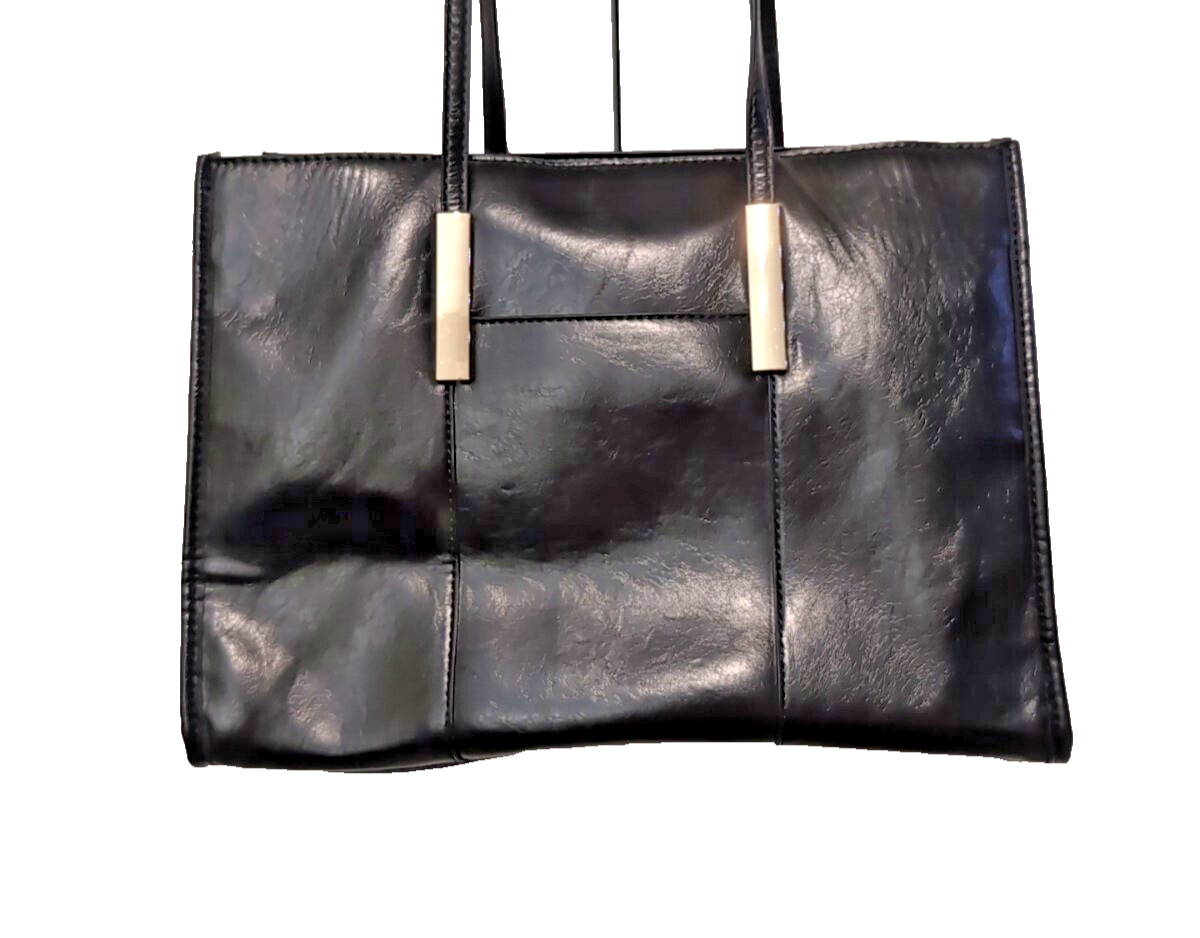 Black Leather Look Shoulder Bag Gold Detail with Inside Pockets & Zip