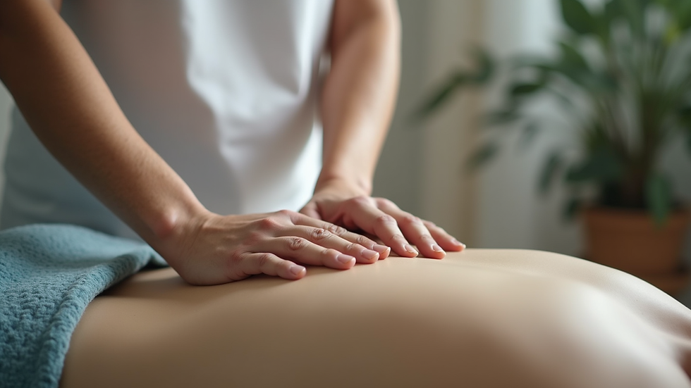 Close-up view of therapist applying gentle pressure to a patient’s back