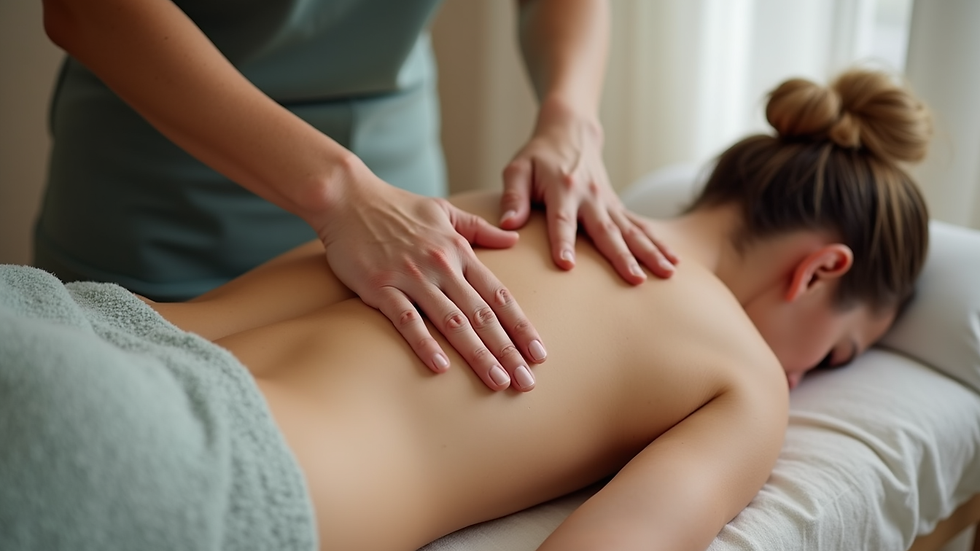 Close-up view of massage therapist’s hands applying gentle strokes on a client’s back