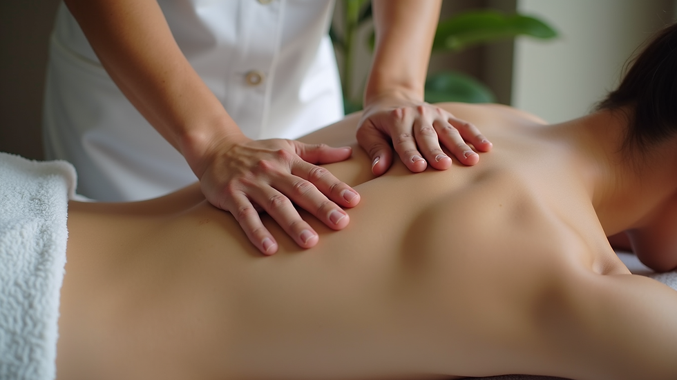 Close-up view of a massage therapist’s hands gently applying light pressure on a client’s back