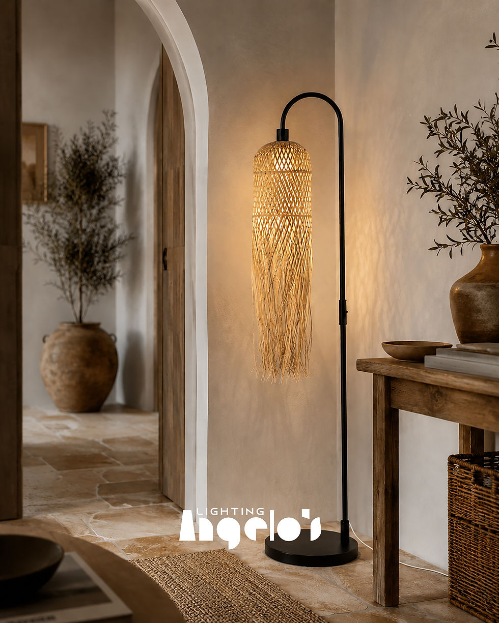 الصورة المصغرة: Avenza Floor Lamp | Natural Woven Rattan Shade & Black Frame