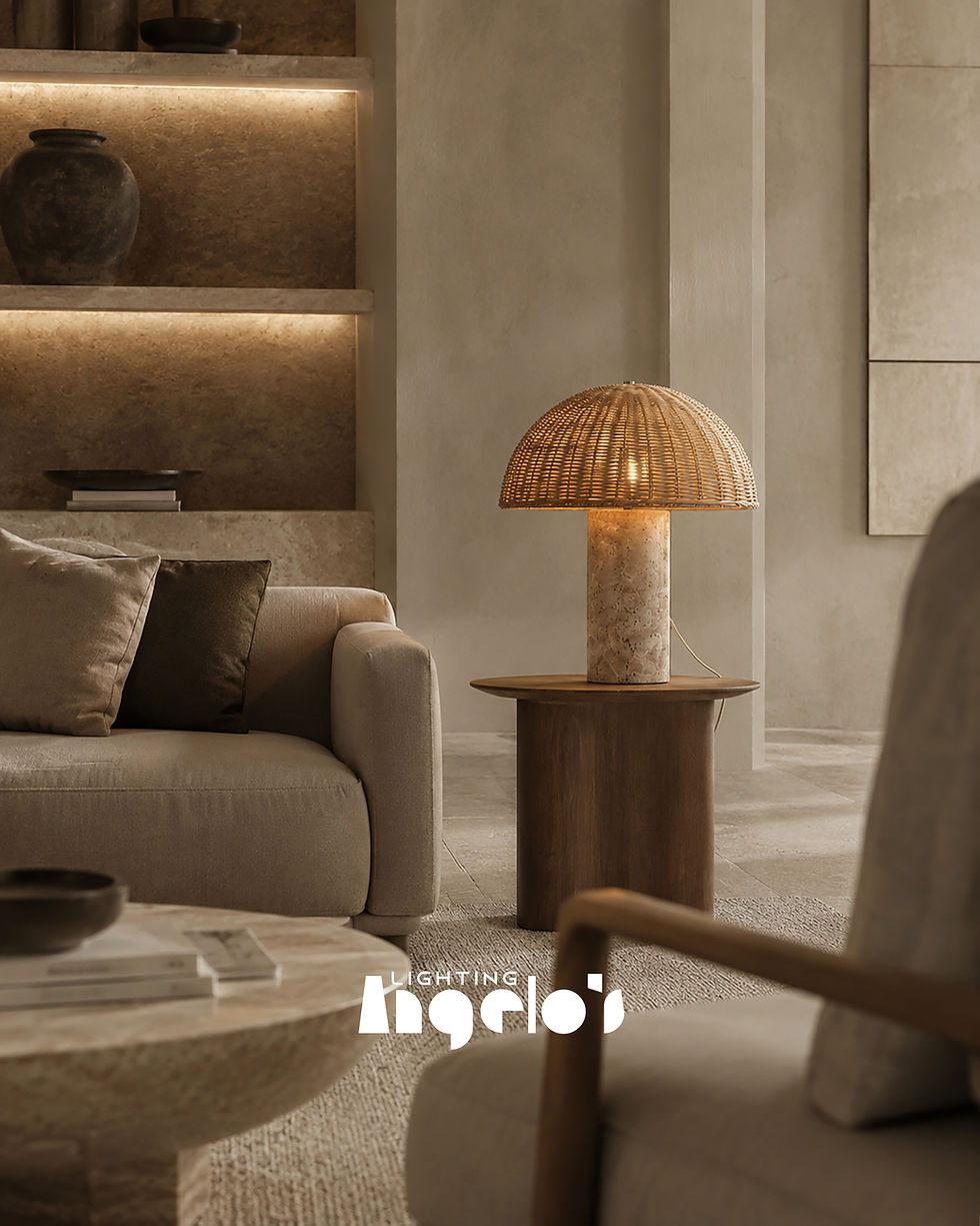 Thumbnail: Domi Table Lamp | Natural Rattan & Travertine Mushroom Lamp