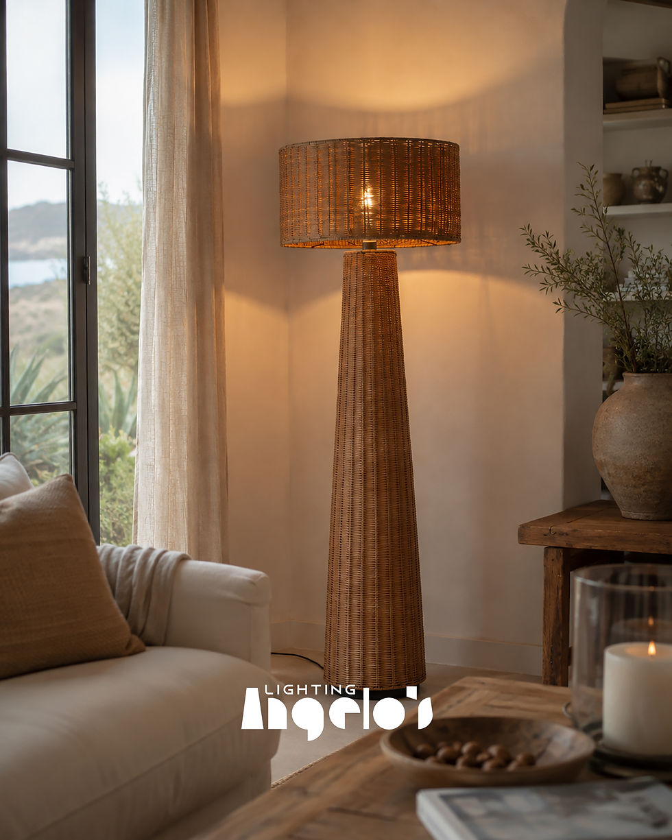 الصورة المصغرة: Sora Rattan Floor Lamp | Modern Boho Standing Lamp for Living Room & Bedroom